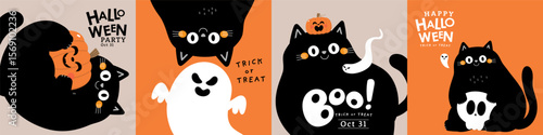 Happy Halloween banner with cute black cat, ghost and spooky pumpkin. Animal holidays cartoon character. -Vector.