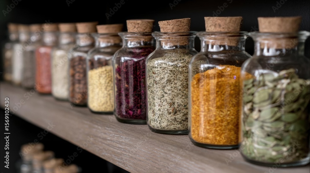 Row of glass jars with cork stoppers on a wooden shelf. the jars are filled with different types of spices and herbs. there are six jars in total, each containing a different type of spice. Row of glass jars with cork stoppers on a wooden shelf. the jars are filled with different types of spices and herbs. there are six jars in total, each containing a different type of spice.