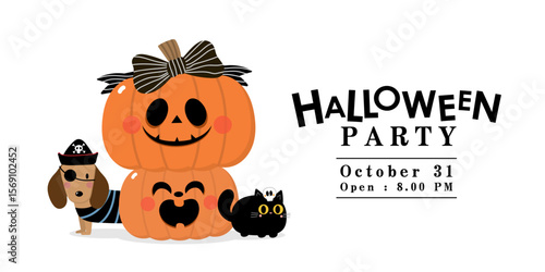 Happy halloween party invitation card with spooky pumpkin, ghost, black cat, cute bow and ribbon. Holidays cartoon character. -Vector