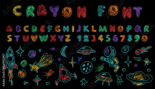 Child's Crayon Drawing of Space Scene and English font