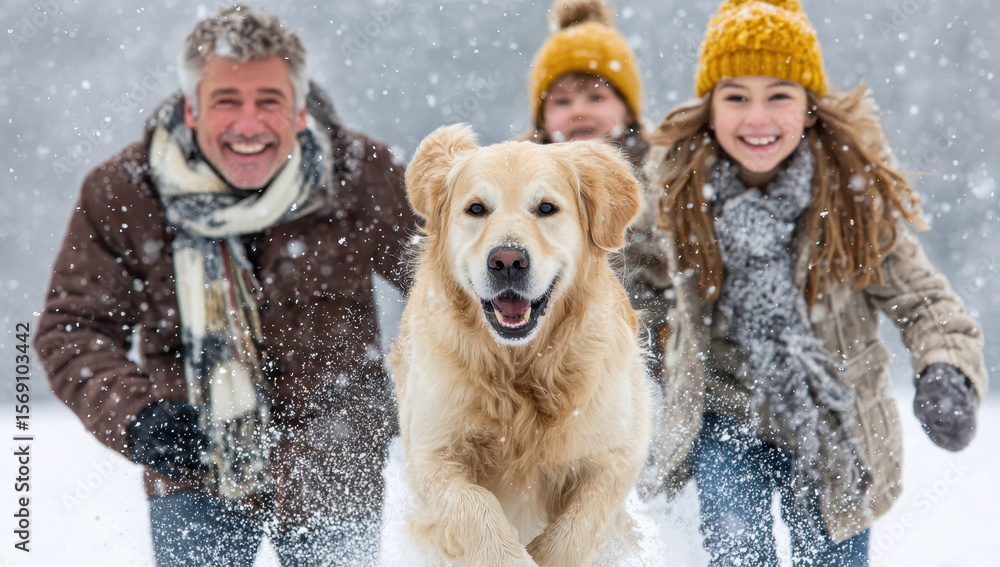 Fototapeta premium Happy family running with golden retriever through snowy forest