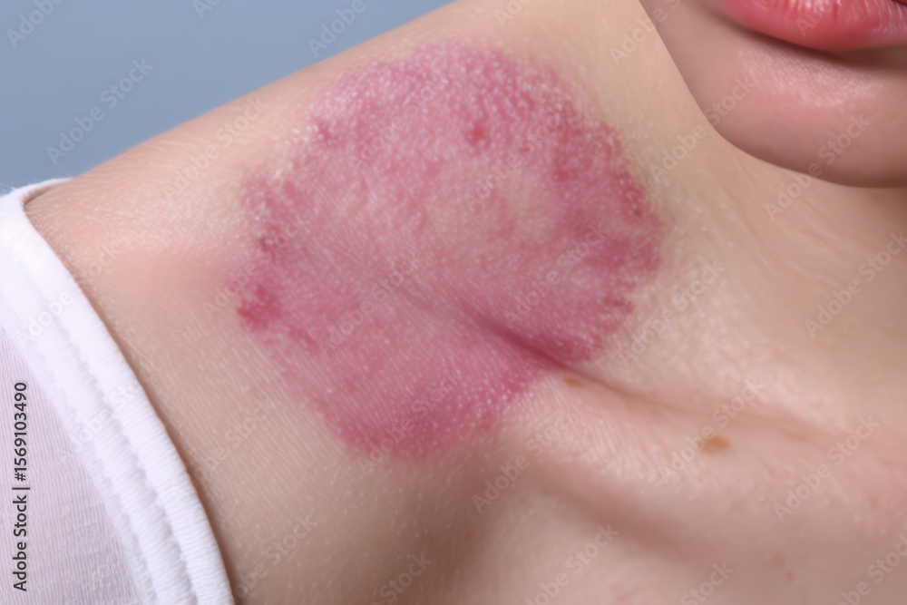 Fototapeta premium Photo of a Red Circular Skin Patch on a Person's Shoulder - Skin Condition, Medical Image