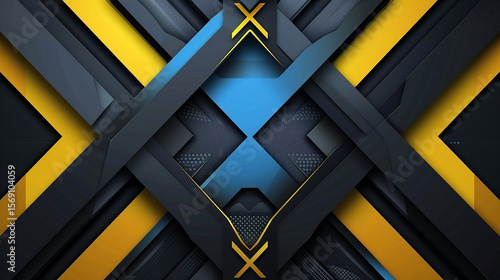 Abstract Geometric Background: Blue, Gold, and Black Metallic High-Tech Design
