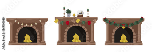 Various festive fireplace decorations enhance a cozy winter atmosphere in a home