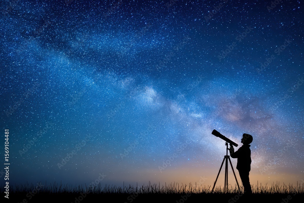 Silhouette of a person stargazing with telescope under a starry night sky Silhouette of a person stargazing with telescope under a starry night sky