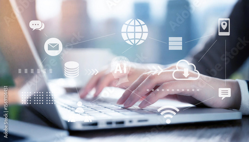ビジネスシーン、生成AIを活用したデジタルワークフロー、クラウド、DX、デジタルネットワークイメージ
