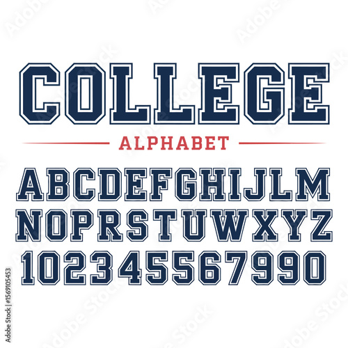 Classic college font with the contours. Used for football, baseball or basketball logos and T-shirts. It is made in the American style. Vector illustration.