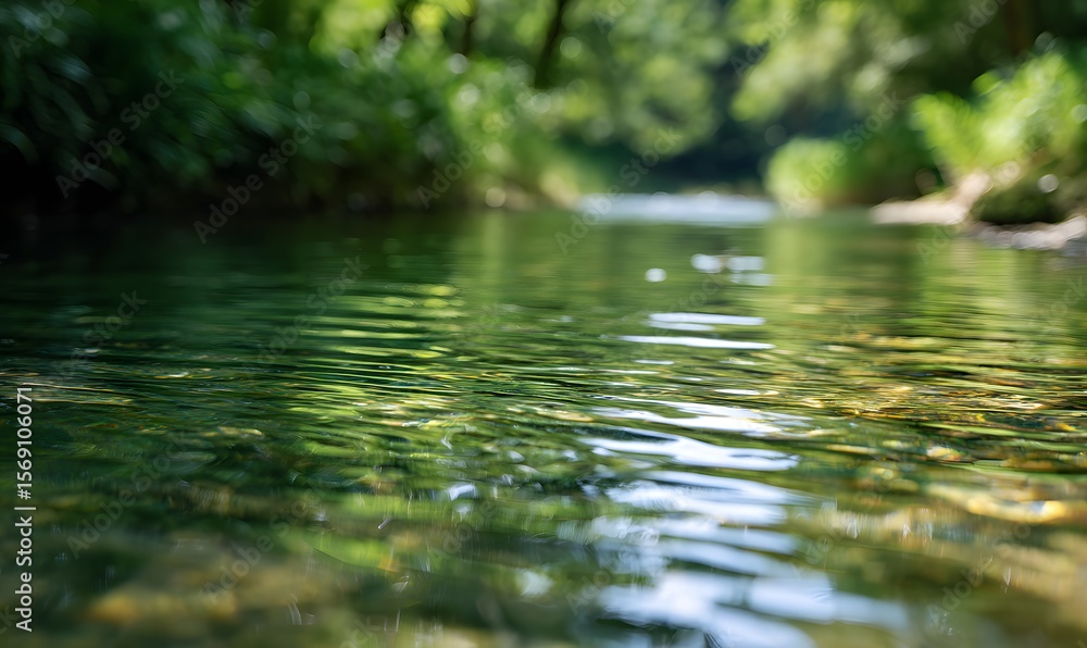 The clear water of the river reflects the green trees, creating beautiful ripples on its surface, Generative AI The clear water of the river reflects the green trees, creating beautiful ripples on its surface, Generative AI