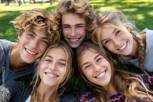 Group of friends enjoying a sunny day outdoors while taking a cheerful selfie in the park