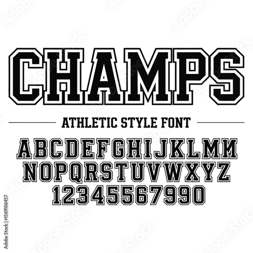 American college classic font. Vintage sports font in American style for T-shirt designs for football, baseball, and basketball teams. College, school and varsity style font, tackle twill stock 