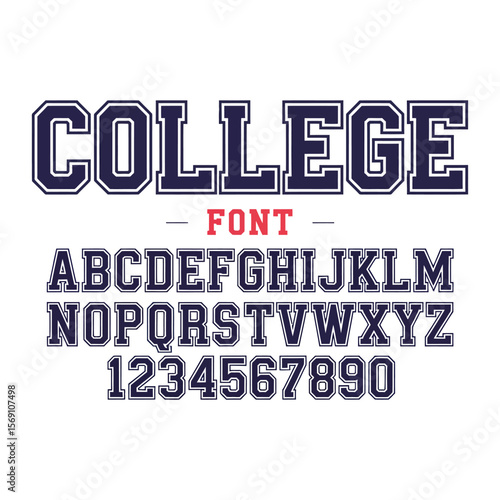 Classic college font with the contours. Used for football, baseball or basketball logos and T-shirts. It is made in the American style. Vector illustration.