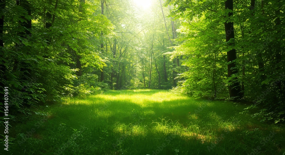 Fototapeta premium Sunlit Path Through Lush Green Forest