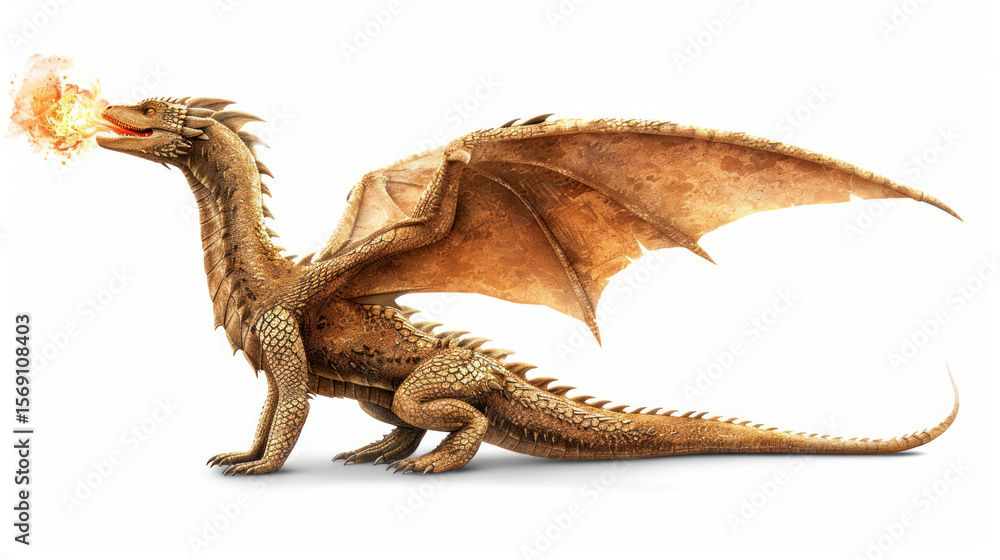 Fototapeta premium Golden Dragon Breathing Fire with Intricate Scales and Wings Against a White Background for Fantasy Artwork and Storytelling