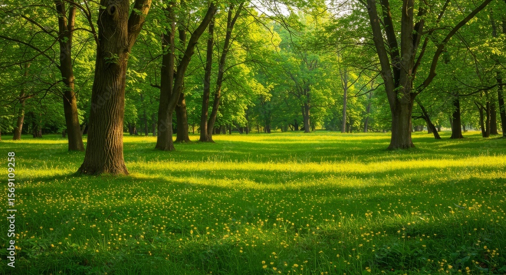 Naklejka premium Sunlit Green Forest Meadow Landscape