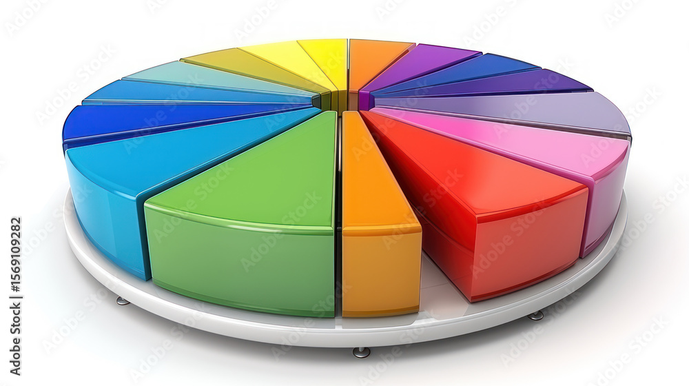 Obraz premium Colorful Pie Chart Displaying Multiple Segments in a 3D Design on a Light Background