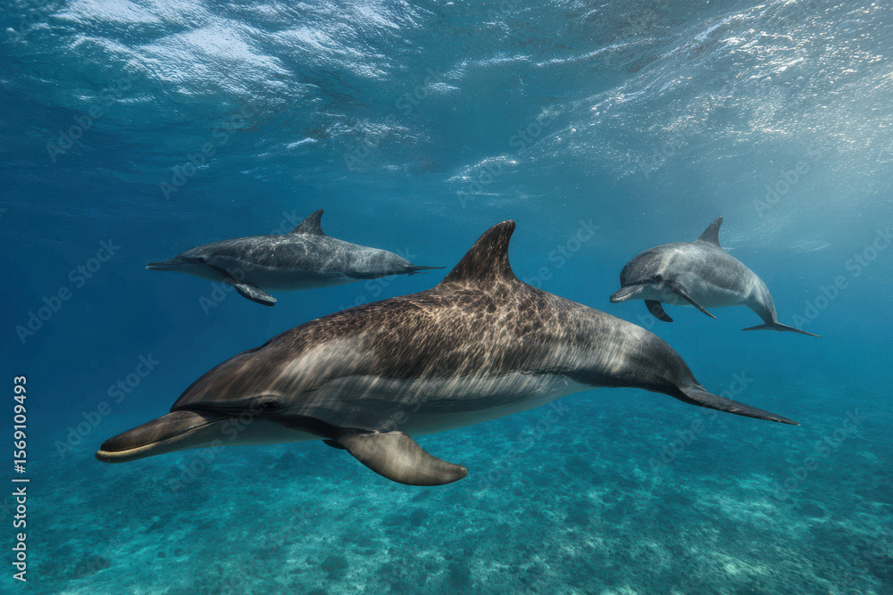Fototapeta premium serene scene of whales and dolphins swimming gracefully in clear waters of northern coast