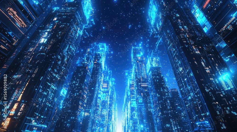 Fototapeta premium Futuristic cityscape with glowing structures.