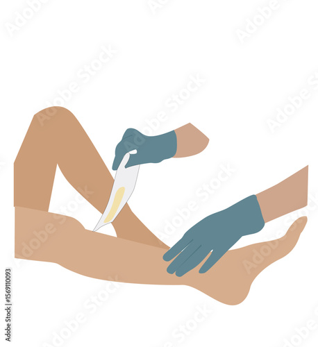 waxing legs. Beautician waxing female legs. Removing hair by sugaring or wax