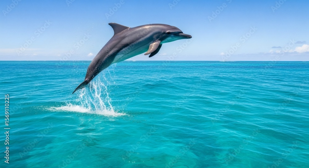 Obraz premium Dolphin's Aquatic Ascent: A sleek dolphin gracefully leaps from the vibrant, turquoise water under a vast, cloudless sky, embodying the spirit of the ocean and aquatic freedom.
