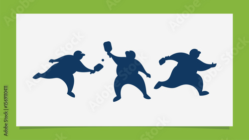 Collection of pickleball player silhouettes with fat bodies in various positions