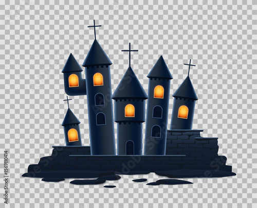 Vector template of Halloween castle. 3d dark castle isolated on checkered background. Template of dark castle for decoration Halloween events, covers, cards, banners, ads, social media.