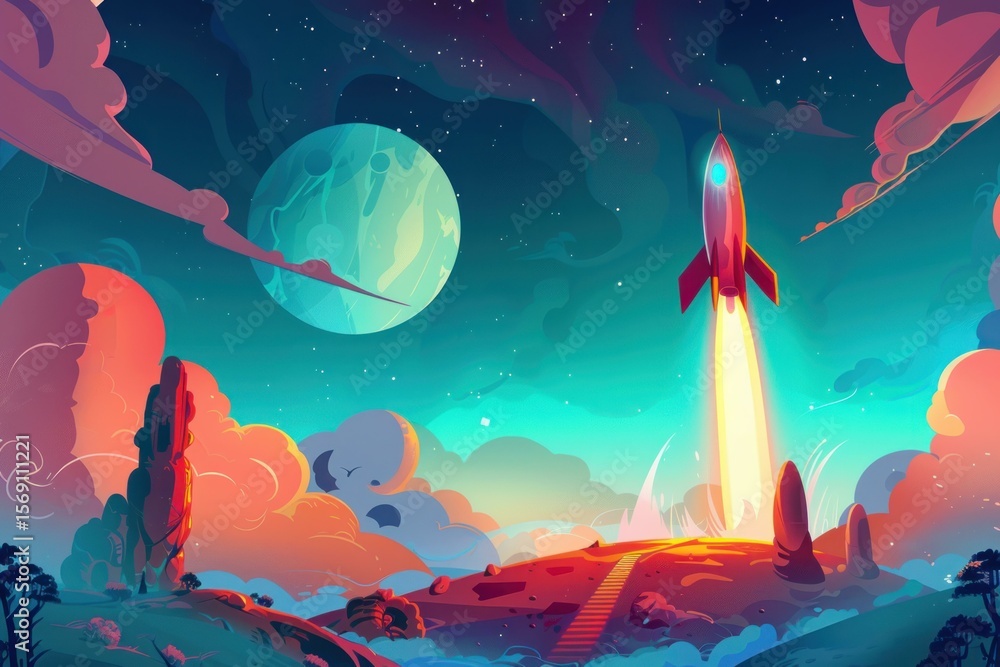Fototapeta premium Cartoon spaceship taking off from a colorful alien planet surface with a big planet in the background and nebula clouds