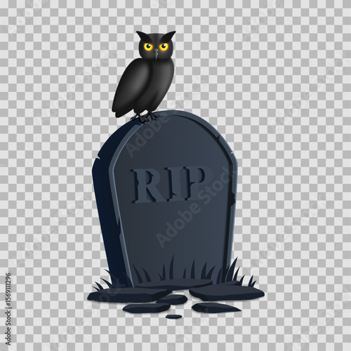 Dark tombstone and black owl. 3d dark tombstone and black owl isolated on checkered background for decoration Halloween events, covers, cards, banners, ads, social media.