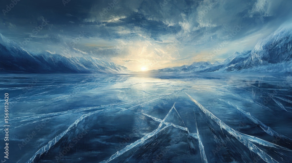 Fototapeta premium Frozen lake reflecting a sunrise over snow-capped mountains.