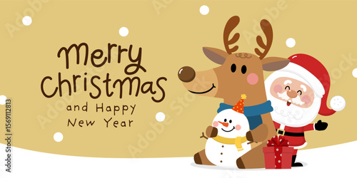 Merry Christmas and happy new year 2026 greeting card with cute Santa Claus, deer and snowman. Holiday cartoon character in winter season. -Vector.