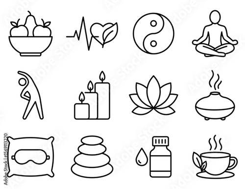 Wellness icon set with yoga, tea, candles, and balance. Vector icon. Editable stroke.