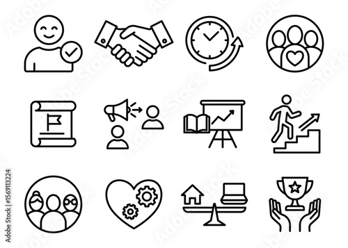 Employer branding icon set with teamwork, growth, values. Vector icon. Editable stroke.