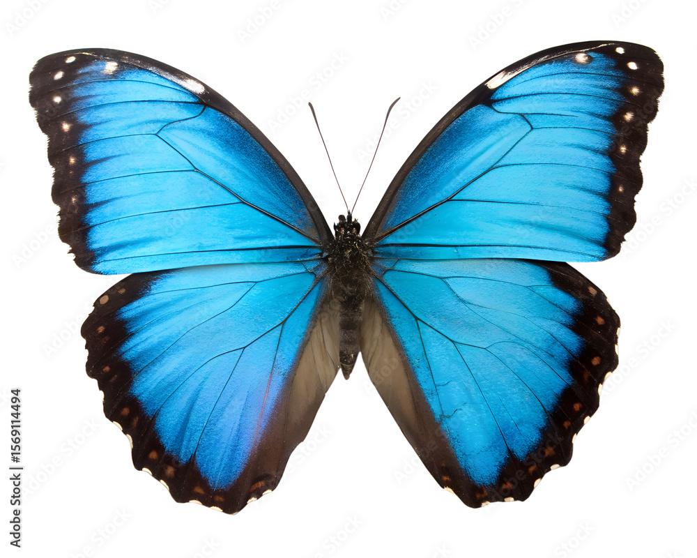 Fototapeta premium A vibrant blue Morpho butterfly with open wings, showcasing iridescent colors against a transparent background. The butterfly has a distinct brown border with white spots.