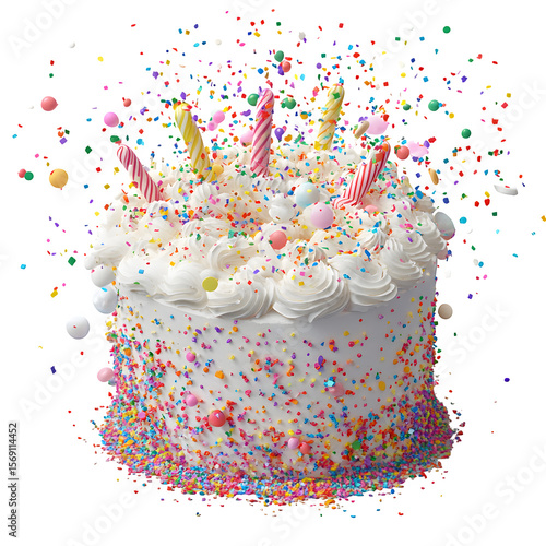 a very detailed confetti explosion birthday cake with sugar poppers and glitter dust, isolated on pure white background, subtle soft shadow, clean studio lighting, ultra high detail, png stock render 