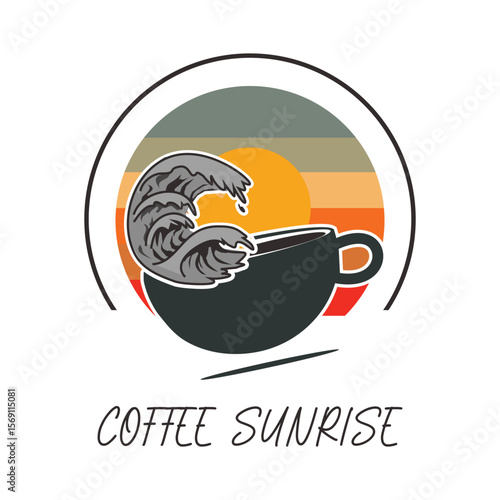 Coffee Sunrise - Retro Coffee Cup with Wave and Sunset Logo