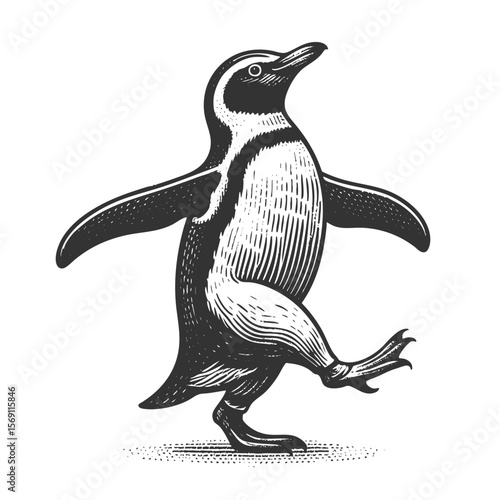 Dancing Penguin sketch engraving generative ai fictional character vector illustration. Scratch board imitation. Black and white image.