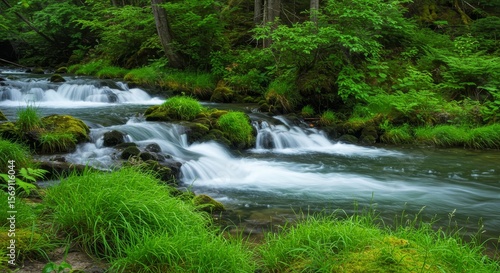 Serene creek flowing through lush green forest