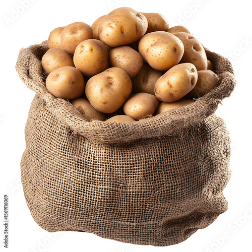 Rustic hessian sack overflowing with fresh potatoes against a dark backdrop