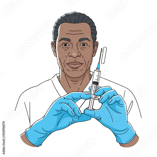 Doctor preparing a syringe for injection; Illustration of medical professional with vaccine