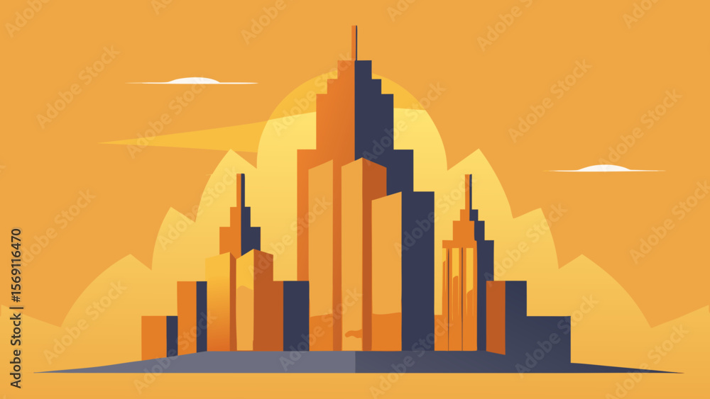 Fototapeta premium A vibrant urban cityscape at sunset, featuring towering skyscrapers and modern architecture against a dramatic sky
