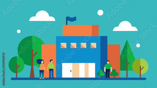 Cartoon vector illustration of a bustling city street with diverse people, families, and businesses under a clear sky