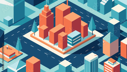 Abstract urban vector illustration featuring isometric city buildings, homes, streets, and an architectural design set for business and real estate