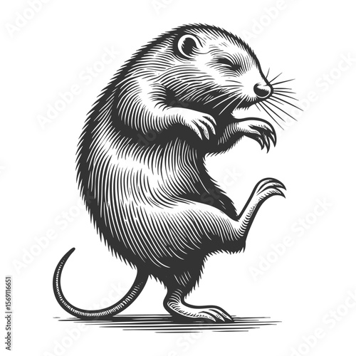 Dancing Otter sketch engraving generative ai fictional character vector illustration. Scratch board imitation. Black and white image.