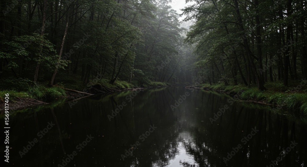 Obraz premium Misty River in a Dark Forest