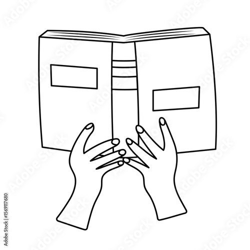 Hands holding open book. Doodle line vector illustration