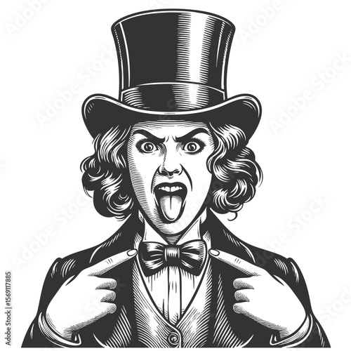 woman in a top hat making a silly face and pointing at herself sketch engraving generative ai fictional character vector illustration. Scratch board imitation. Black and white image.