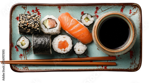 Top view of sushi set with soy sauce and chopsticks, Japanese cuisine aesthetic, on white PNG background