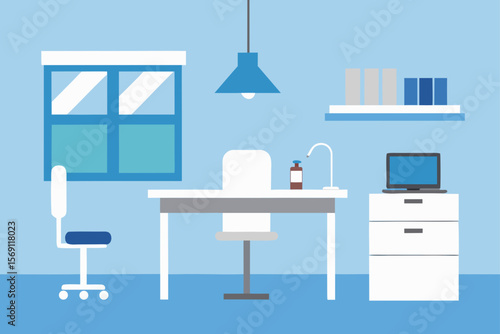 Modern home interior design with office furniture, kitchen, desk, chair, and computer illustrations