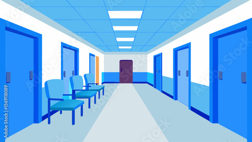 Modern office building interior with an empty, well-lit corridor and sleek architectural design