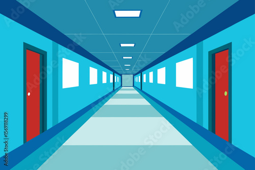 Endless Corridor A Vector Illustration of a Long, Straight Hallway with Doors and Windows