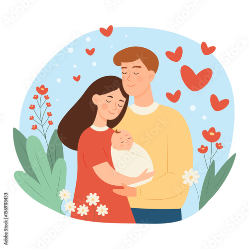 Happy couple parents hug their newborn baby. Husband and wife with a baby. Flowers and hearts around